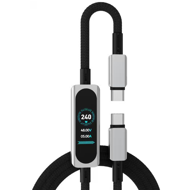 Custom Logo 240W USB-C Cable 5A Fast Charging Nylon Braided Data Transfer Cable with TFT Power Screen Smart Digital Display