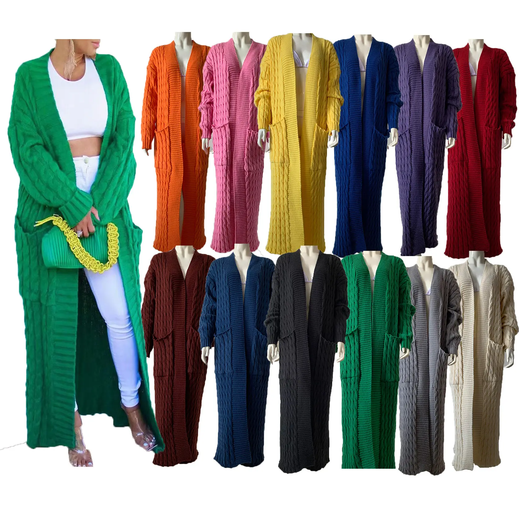 Casaco feminino folgado, casaco longo de malha com bolso, calça feminina folgada, para inverno 2023