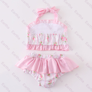 <span class=keywords><strong>Costume</strong></span> <span class=keywords><strong>da</strong></span> Bagno Estivo per Bambina, Due Pezzi con Stampa Floreale Rosa e Volant, Vendita Calda - Product Image 2