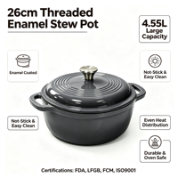 Cocotte en fonte émaillée 4,55 L avec couvercle 26 cm, ustensile de cuisson robuste pour la cuisson du pain, le braisage des ragoûts, compatible four