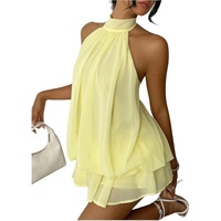 Robe d'été mini respirante en mousseline unie vintage pour femme, avec logo personnalisé OEM&ODM, col halter, taille basse et volants, 100% polyester, idéale pour les vacances