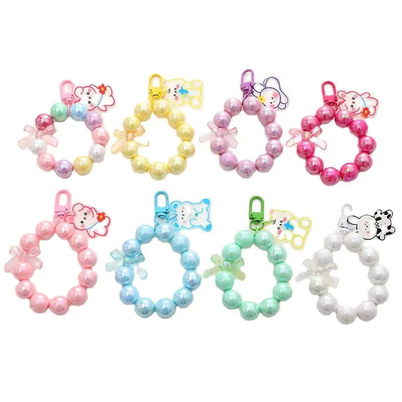 Chaîne mignonne en plastique à perles rondes, mini porte-clés personnalisé de couleur arc-en-ciel, porte-clés à surface lisse