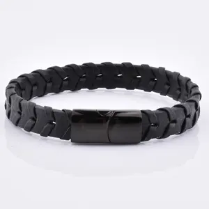 Unique Black Braided Leather Wristbands Boy Friendship Stainless Steel Charm Flat Leather Bracelet