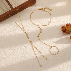 Stainless Steel Star Necklace <b>Bracelet</b> <b>Set</b> Gold Plated Sweater Chain With Rhinestones Geometric Design For Women - Product Image 1