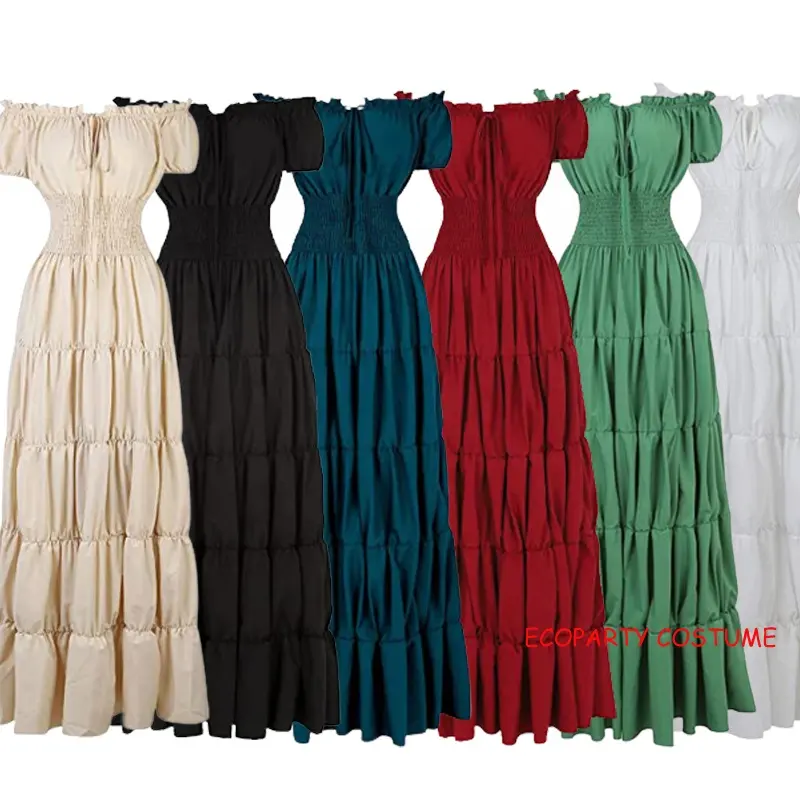 Women Medieval Renaissance Dress Boho Petticoat Short Sleeves Off Shoulder Smocked Waist Retro Pleated Long Dress Costume