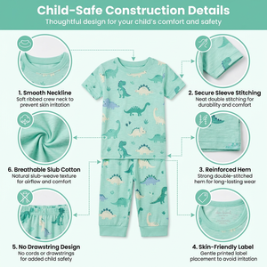 Set <span class=keywords><strong>Pigiama</strong></span> Estivo per Ragazzi 100% Cotone Morbido con Stampa Dinosauro Manica Corta 2 Pezzi Top e Pantaloni Taglia Personalizzata OEM Etichetta Privata - Product Image 6