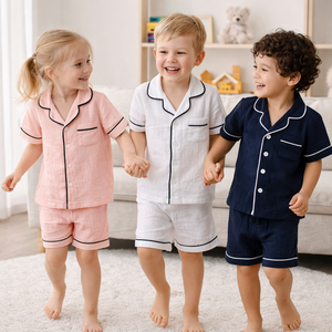Pyjama d'été à manches courtes pour bébé fille, ensemble en coton et lin, de couleur unie, vêtements de nuit pour enfants - Product Image 1