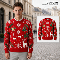 Pull de Noël rouge personnalisé en gros, motif renne jacquard, col rond, pour l'automne et l'hiver