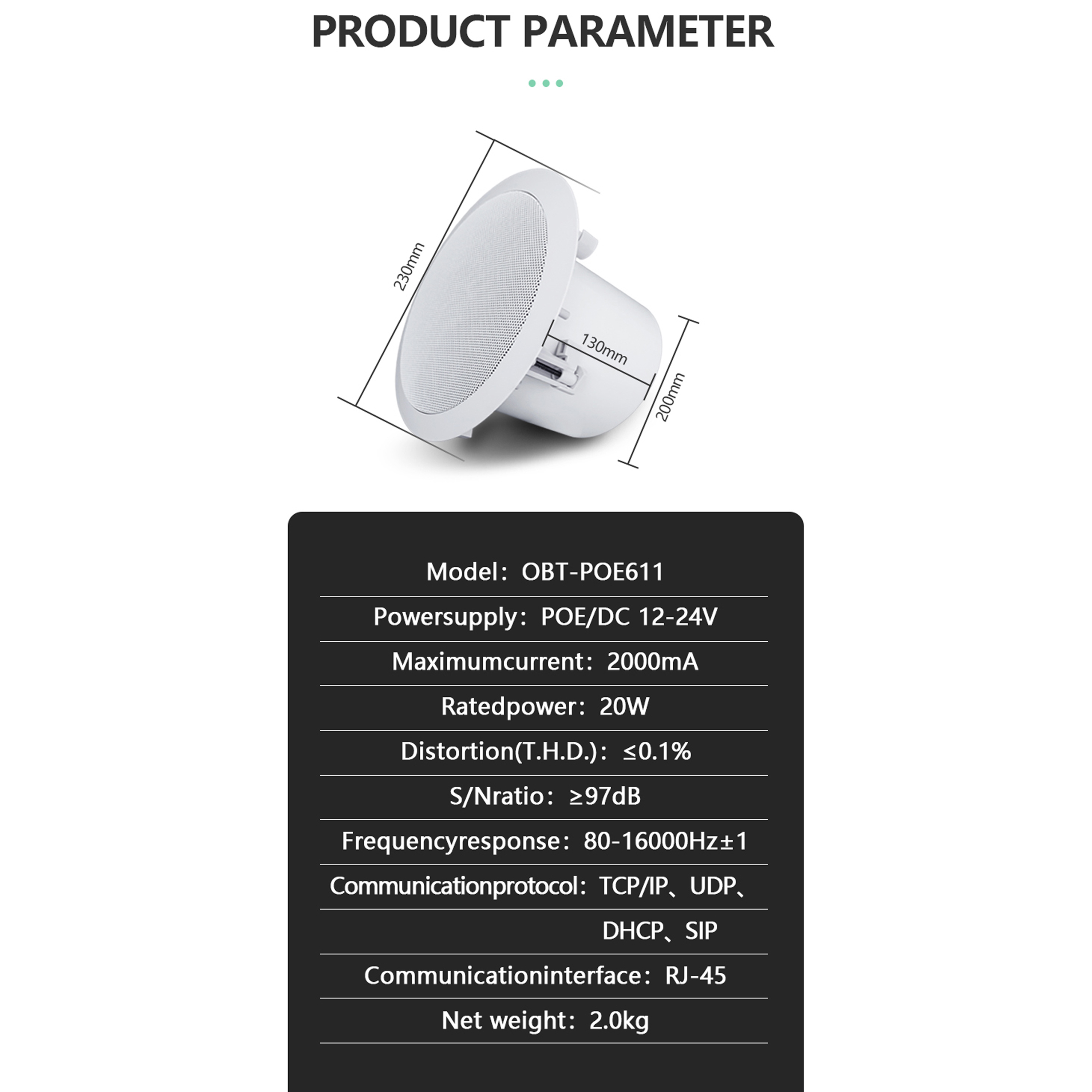 OBT-POE611 OBTPA Manufacturer Ip Ethernet Rj45 POE Ceiling Loudspeaker SIP Network Active Speaker Ceiling Speaker · image 2