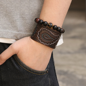European American Style Men's <b>Leather</b> Cuff <b>Bracelet</b> Wide Embossed Punk Hip Hop Jewelry Antique Brown Geometric Design - Product Image 1