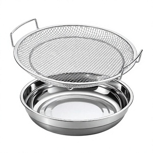 Égouttoir rond double couche en acier inoxydable avec poignées et plateau de récupération des liquides - Product Image 1