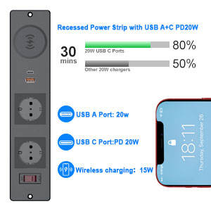Enchufe de escritorio industrial empotrado de fábrica con cargador inalámbrico integrado, regleta de 2 tomas con interruptor, oculto para muebles - Product Image 6