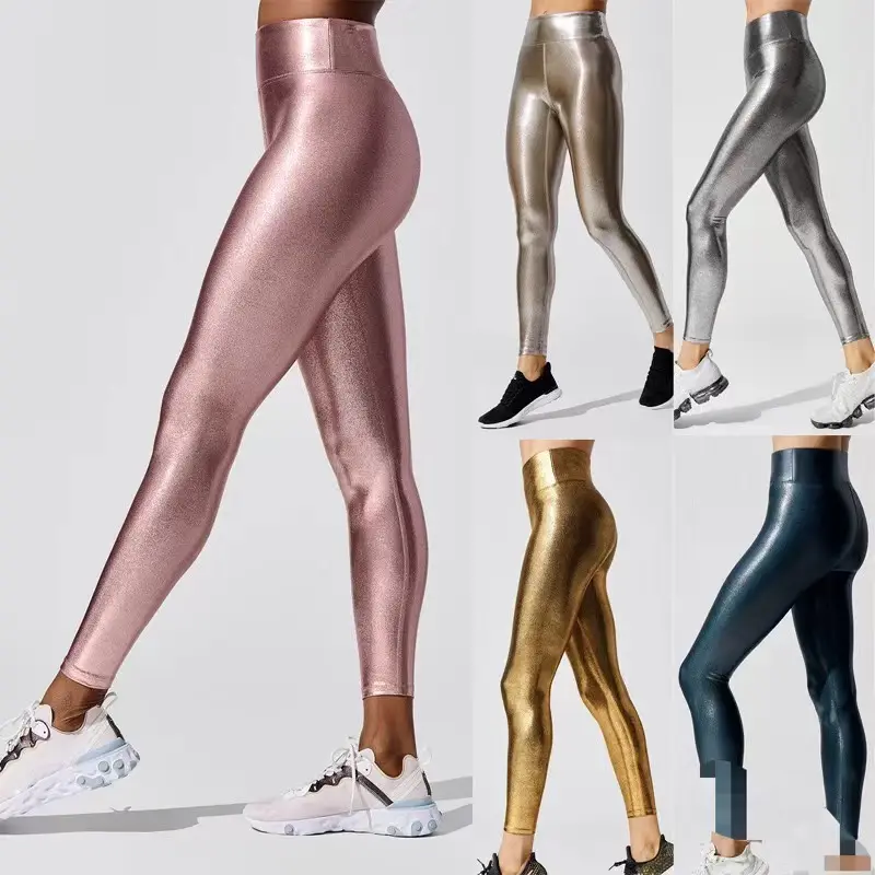 Leggings de yoga de cintura alta para mujer, ropa deportiva ajustada, mallas metálicas brillantes para Yoga, pantalones de gimnasio, novedad de 2021