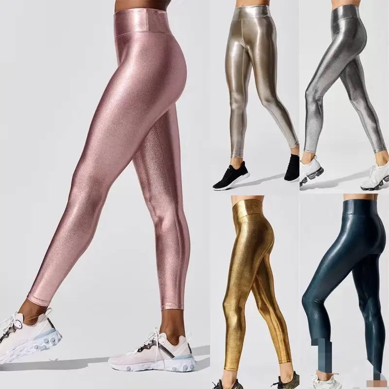 Musim semi baru kedatangan legging Yoga berpinggang tinggi pakaian olahraga wanita legging Yoga mengkilap metalik celana Yoga legging Gym