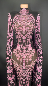 Abiti da damigella d'onore eleganti con strass rosa a <span class=keywords><strong>maniche</strong></span> <span class=keywords><strong>lunghe</strong></span> in rete nera - Product Image 2