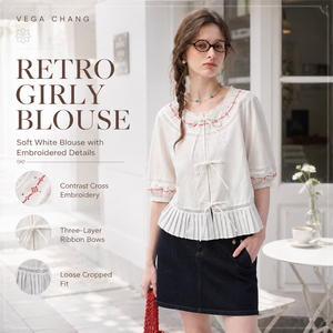VEGA CHANG Camicetta <span class=keywords><strong>Bianca</strong></span> e Rossa Ricamata per Donne, Dettaglio Fiocco, Maniche a Sbuffo, Orlo Plissettato, Collo Tondo, Top Casual - Product Image 3