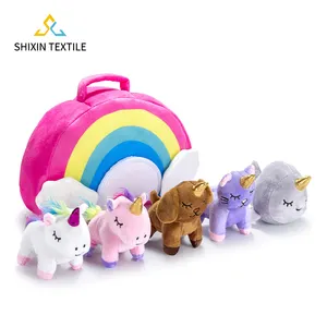 Nhà máy tùy chỉnh tùy chỉnh thực hiện búp bê mềm dễ thương Kawai Unicorn quà tặng 5 Công cụ đồ chơi sang trọng Túi đồ chơi thiết lập với cầu vồng mang theo túi