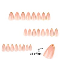 Faux ongles courts en forme d'amande avec logo personnalisable et motif étoile en feuille d'or 3D – Manucures tendance