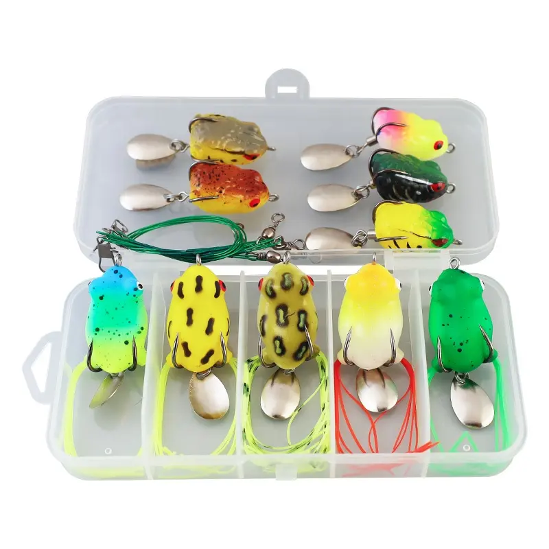 Palmer 10pcs 15pcs top water fishing frog lure set box bionic soft snakehead jump frog lure with titanium fishing wire leader