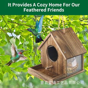 บ้านนกไม้พร้อมที่ให้อาหารแบบแขวนสำหรับนกกลางแจ้ง ตกแต่งแบบธรรมชาติ - Product Image 2