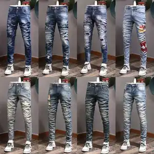 Custom Men&#39;s Skinny Jeans Pants Straight Denim Jeans Cotton Vintage Men Jeans Gothic Softener Lightweight Crystal Decoration