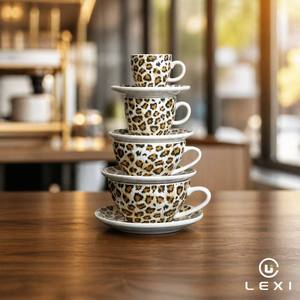 ชุดแก้วกาแฟเซรามิคลายเสือดาวพร้อมจานรอง สำหรับเอสเพรสโซ คาปูชิโน ลาเต้ พร้อมจานรองลายพิมพ์เข้าชุด ด้ามจับสีขาว - Product Image 3