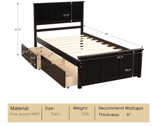 Cama con Cajones, Estructura de Cama de Plataforma de Madera con Cabecera y Piecera, Cama Capitán de Madera para Niños, Niñas, Adolescentes, Color Espresso - Product Image 2