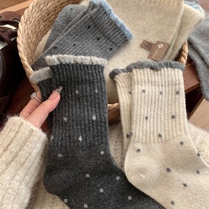 Knee <b>Socks</b> Polka Dots Mid Calf Women Thermo Sweat Absorbing Polyester Fiber Beige Dark Gray <b>Black</b> Medium Gray Light Gray - Product Image 1