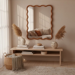 Yellowish Brown <b>30x40</b> Wavy Rectangle Solid Wood <b>Frame</b> Decorative Mirror For Bedroom Bathroom Living Room Entryway - Product Image 2