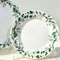Ensemble de bols et assiettes en céramique sous glaçure, motif végétal pastoral vert frais de luxe - Compatible micro-ondes, haute esthétique