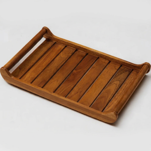 Plateau rectangulaire en bois avec lattes verticales et bords roulés, style Japandi, artisanat en bois, plateau de service décoratif - Product Image 1