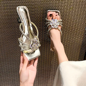 Sandales mules à chaîne en strass pour femmes, bout carré ouvert, talon évasé, à enfiler, chaussures d'été tendance - Product Image 5
