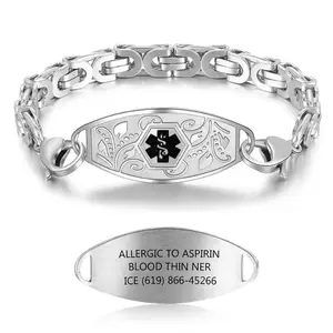 Mulheres Homens Alta Polido Aço Inoxidável Medical Alert Bracelet Gift Information Id Emergência Contato Gelo Gravado