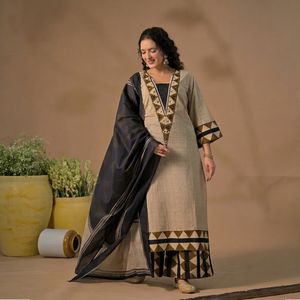 Traditional <b>Indian</b> Women's Beige Cotton Printed Knee-Length <b>Kurta</b> Set With Black Dupatta Bell Sleeves Casual Wear Loose Fit - Product Image 1
