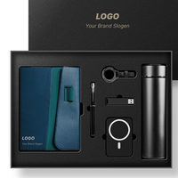 Set de Regalo Ejecutivo de Lujo, Cuaderno de PU Cian Oscuro, Bolígrafo, Llavero, Banco de Energía USB Magsafe, Termo, Logotipo Impreso para Hombre