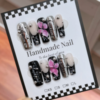 Nouveaux faux ongles à presser faits à la main, longs, carrés, avec paillettes, 10 pièces, de haute qualité, fleurs 3D, chrome, fournisseur d'ongles artificiels