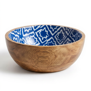 Tazón de madera hecho a mano de primera calidad con diseño oriental azul, vajilla decorativa para servir comida y exhibir en el hogar. - Product Image 1