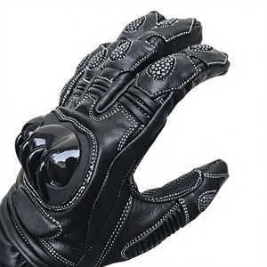 Guantes de Motocicleta de Cuero Negro con Protección Completa para los Dedos, Palma Antideslizante y Correa de Muñeca Ajustable para Carreras de Motos - Product Image 2
