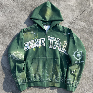 Vintage Patch Embroidery Acid Wash Hoodie Distressed Rhinestone Zip up Hoodies Custom Printed Oversized Zip Hoodie Manufacturer - Product Image 1