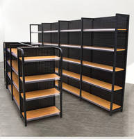 Étagère de supermarché simple face en acier et bois, panneau arrière perforé noir, présentoir à effet bois