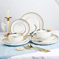 Assiette et bol en fil d'or en marbre bleu et blanc texturé ensemble de 3 ensemble de vaisselle de luxe en porcelaine de mariage