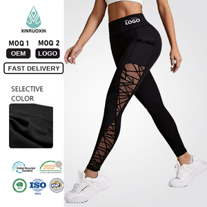 Custom Logo Fitness Clothing Sports Tight Yoga Leggings High Waist Crossed Mesh Joining With Pockets Side For Women Gym Leggings