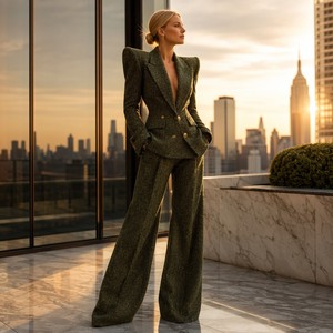 Completo da <span class=keywords><strong>Donna</strong></span> Verde Oliva Doppiopetto, <span class=keywords><strong>Blazer</strong></span> con Risvolto a Punta e Pantaloni a Gamba Larga, <span class=keywords><strong>Tweed</strong></span> Business Personalizzato OEM/ODM - Product Image 5