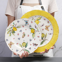 Assiettes en céramique à motif citron européen, assiettes à dîner avec bord doré, assiettes pour pâtes, fruits, salades et ensemble de tasses à thé