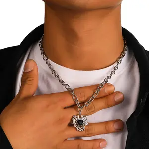New Arrival Silver Zircon Heart Fashion Jewelry Pendant Necklace Hollow Black Spider Web Men's Hip Hop Necklace