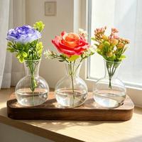 Vase en verre hydroponique en gros avec support en bois, station de propagation de plantes de bureau, vase à fleurs, terrarium, prix d'usine