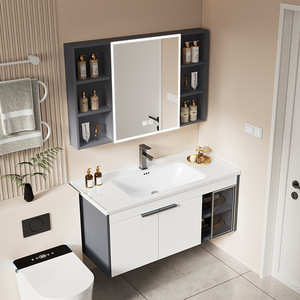 Mueble de baño sencillo con lavabo, espejo y almacenamiento, mueble con espejo para maquillaje, lavabo integrado de cerámica - Product Image 2