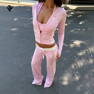 Set 2 Pezzi con Felpa Corta con Zip <span class=keywords><strong>e</strong></span> Logo, Pantaloni a Zampa Vita Alta, Tuta Sexy Y2K Streetwear, Abbigliamento Sportivo per <span class=keywords><strong>Donna</strong></span> - Product Image 1