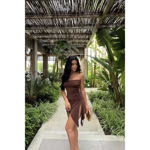 Brown Vintage Strapless Mini <b>Dress</b> <b>Sexy</b> <b>Summer</b> Clothes Lace XS XL Jean Spandex Embroidered Technique Lightweight Lining - Product Image 3