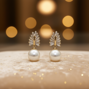 Boucles d'oreilles clous en forme de plume plaquées or avec fausse perle pendante, bijoux de mariage classiques pour femmes, perle blanche ronde de qualité AAA - Product Image 2